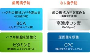 ［歯周病予防］ハグキの抵抗力(※2)を高める（抗炎症作用）：BGA（β-グリチルレチン酸）。ハグキ細胞を活性化：ビタミンE（酢酸DL-α-トコフェロール）／［むし歯予防］歯の抵抗力(※3)を高める（歯質強化作用）：高濃度フッ素〈1450ppm〉。原因菌を殺菌：CPC（塩化セチルピリジニウム）