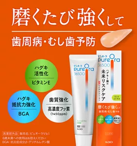 磨くたび強くして 歯周病・むし歯予防。ハグキ活性化：ビタミンE／ハグキ抵抗力強化：BGA／歯質強化：高濃度フッ素〈1450ppm〉