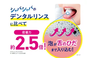 シャバシャバのデンタルリンスに比べて密着力約2.5倍(※1)！ 泡が舌のひだまで入り込む！（＊ブラッシングしてください／※1 薬用ピュオーラLBとの比較）