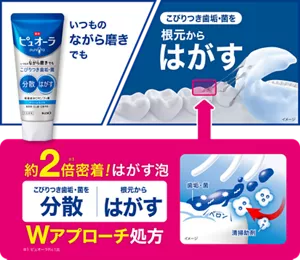 いつものながら磨きでも、こびりつき歯垢・菌を根元からはがす。　約2倍(※1)密着！ はがす泡［こびりつき歯垢・菌を分散／根元からはがす］Wアプローチ処方。（※1 ピュオーラRc1比）