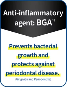 Anti-inflammatory agent: BGA(*6) Prevents bacterial growth and protects against periodontal disease. (gingivitis and periodontitis)