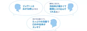 「ジュワ～ッと広がる感じが好き」「瞬時に泡立ち、泡自体が細かくて隙間に入り込んでくれる感じ！」「泡がきめ細かくて、たっぷりの泡量で口の中全体がスッキリ」