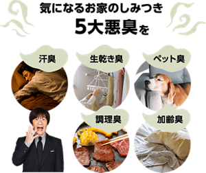 気になるお家のしみつき5大悪臭（汗・皮脂臭 調理臭 加齢臭 生乾き臭 ペット臭）を→