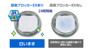 モデル実験画像：「尿臭発生に関わる酵素」と「酵素の働きで着色する試薬」を添加した人尿を綿メリヤスに塗布。 片方に「尿臭ブロッカーＥＸ」を塗布し、24時間静置。酵素が試薬に作用すると青色に着色。各成分の濃度は、着色が可視化できるように調整。24時間後に尿臭ブロッカーEXなしは尿臭発生に関わる酵素の働きで青色に変化、尿臭ブロッカーEXありの方は白いままで酵素の作用が抑えられています。