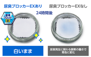 モデル実験画像：「尿臭発生に関わる酵素」と「酵素の働きで着色する試薬」を添加した人尿を綿メリヤスに塗布。 片方に「尿臭ブロッカーＥＸ」を塗布し、24時間静置。酵素が試薬に作用すると青色に着色。各成分の濃度は、着色が可視化できるように調整。24時間後に尿臭ブロッカーEXなしは尿臭発生に関わる酵素の働きで青色に変化、尿臭ブロッカーEXありの方は白いままで酵素の作用が抑えられています。
