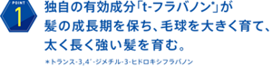 独自の有効成分「t-フラバノン*」が髪の成長期を保ち、毛球を大きく育て、太く長く強い髪を育む。＊トランス-3,4’-ジメチル-3-ヒドロキシフラバノン