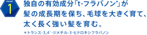 独自の有効成分「t-フラバノン*」が髪の成長期を保ち、毛球を大きく育て、太く長く強い髪を育む。＊トランス-3,4’-ジメチル-3-ヒドロキシフラバノン