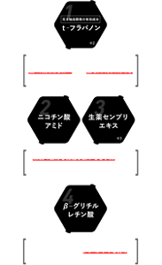 （1）花王独自開発の有効成分 ｔ‒フラバノン（※2）・・・脱毛指令因子の脱毛指令を抑制し､髪の成長期を保つことで髪を太く長く育てる ※2 トランス-3,4'-ジメチル-3-ヒドロキシフラバノン　（2）ニコチン酸アミド （3）生薬センブリエキス（※3）・・・頭皮の血行を促進し抜け毛を予防する ※3 スエルチアマリンＫI　（4）β‒グリチルレチン酸・・・頭皮環境を正常化しフケ･かゆみを防ぐ
