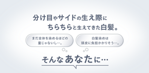 分け目やサイドの生え際にちらちらと生えてきた白髪。「まだ全体を染めるほどの量じゃないし…」「白髪染めは頭皮に負担かかりそう…」そんなあなたに…