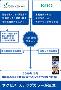 【月桂冠】酒粕が黒くなる！清酒業界を悩ませた「黒粕」現象 その原因はメラニン！【花王】黒髪色素のもと髪にやさしいカラーリング剤を研究　→　共同開発スタート　→　2009年10月 月桂冠のバイオ技術と花王のヘアケア研究が融合し、サクセス ステップカラーが誕生！