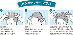 上手なマッサージ方法 （1）生え際からつむじに向かって、らせんを描きながら頭皮をもみほぐします。（2）頭皮を傷つけることがないように、爪を立てず指の腹を使ってやさしくマッサージ。（3）頭皮全体を十分にもみほぐした後、仕上げとして頭皮全体をトントンと軽く叩きます。頭皮を指の腹ですくいあげるような感覚でタッピングするのがコツ。