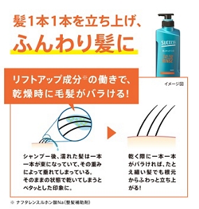 髪１本１本を立ち上げ、ふんわり髪に　リフトアップ成分※の働きで、乾燥時に毛髪がバラける！シャンプー後、濡れた髪は一本一本が束になっていて、その重みによって垂れてしまっている。そのままの状態で乾いてしまうとペタッとした印象に。 → 乾く際に一本一本がバラければ、たとえ細い髪でも根元からふわっと立ち上がる！ ※ ナフタレンスルホン酸Na（整髪補助剤）