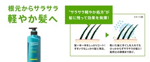 根元からサラサラ軽やか髪へ　“サラサラ軽やか処方”が髪に残って効果を発揮！ 髪一本一本をしっかりコート！すすいでもしっかり髪に残る。 → 乾いた後に手ぐしを入れてもひっかからずサラサラの髪に！髪同士の摩擦まで防ぐ。