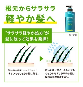 根元からサラサラ軽やか髪へ　“サラサラ軽やか処方”が髪に残って効果を発揮！ 髪一本一本をしっかりコート！すすいでもしっかり髪に残る。 → 乾いた後に手ぐしを入れてもひっかからずサラサラの髪に！髪同士の摩擦まで防ぐ。