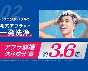 02. ミクロ分解バブルで毛穴アブラまで一発洗浄。アブラ崩壊（※2）洗浄成分（※3）量 約3.6倍（※4）※2 固体脂を含む皮脂を分散させること  ※3グリセリルエチルヘキシルエーテル  ※4 当社製品比較 （サクセス24モイストフィールシャンプー）