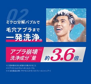 02. ミクロ分解バブルで毛穴アブラまで一発洗浄。アブラ崩壊（※2）洗浄成分（※3）量 約3.6倍（※4）※2 固体脂を含む皮脂を分散させること  ※3グリセリルエチルヘキシルエーテル  ※4 当社製品比較 （サクセス24モイストフィールシャンプー）