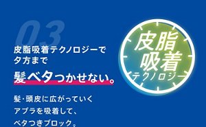 03. 皮脂吸着テクノロジーで夕方まで髪ベタつかせない。髪・頭皮に広がっていくアブラを吸着して、ベタつきブロック。
