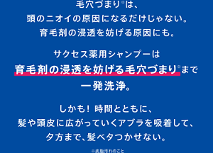 毛穴づまり※は、頭のニオイの原因になるだけじゃない。育毛剤の浸透を妨げる原因にも。新・サクセス薬用シャンプーは育毛剤の浸透を妨げる毛穴づまり※まで一発洗浄。しかも！ 時間とともに、髪や頭皮に広がっていくアブラを吸着して、夕方まで、髪ベタつかせない。※皮脂汚れのこと
