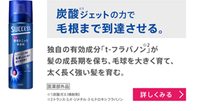 炭酸※1ジェットの力で毛根まで到達させる。　独自の有効成分「t-フラバノン※2」が髪の成長期を保ち、毛球を大きく育て、太く長く強い髪を育む。[医薬部外品]  ※1炭酸ガス（噴射剤）※2トランス-３,４’-ジメチル-３-ヒドロキシフラバノン　【詳しくみる】