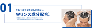 POINT01 これ１本で髪をきしませない Wリンス成分配合※。 ※高重合ジメチコン-1、塩化トリメチルアンモニオヒドロキシプロピルヒドロキシエチルセルロース（毛髪保護成分）