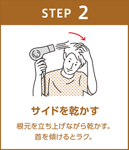 STEP 2 サイドを乾かす 根元を立ち上げながら乾かす。 首を傾けるとラク。