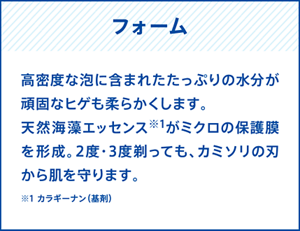 フォーム｜高密度な泡に含まれたたっぷりの水分が頑固なヒゲも柔らかくします。天然海藻エッセンス※1がミクロの保護膜を形成。2度・3度剃っても、カミソリの刃から肌を守ります。　※1 カラギーナン（基剤）