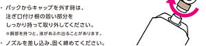 ・ パックからキャップを外す時は、注ぎ口付け根の固い部分をしっかり持って取り外してください。 ※胴部を持つと、液があふれ出ることがあります。　・ ノズルを差し込み、固く締めてください。