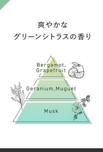爽やかなグリーンシトラスの香り 【トップノート：ベルガモット、グレープフルーツ】【ミドルノート：ゼラニウム、ミュゲ】【ベースノート：ムスク】