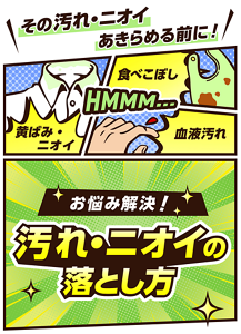 その汚れ・ニオイ（黄ばみ、食べこぼし、血液汚れ）あきらめる前に！　お悩み解決！汚れ・ニオイの落とし方