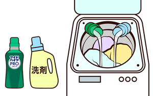 ワイドハイター PRO リキッドを洗たく用洗剤と一緒に入れて洗っているイラスト