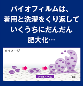 バイオフィルムは、着用と洗濯をくり返していくうちにだんだん肥大化…