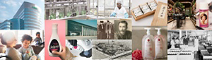 A collage of several past and present photos throughout Kao's history including buildings, people, products and packaging.