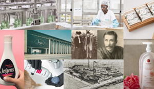 A collage of several past and present photos throughout Kao's history including buildings, people, products and packaging.