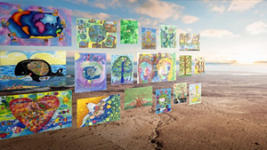 A silhouette of hands held together in the shape of a heart against the sun shining in a blue sky.