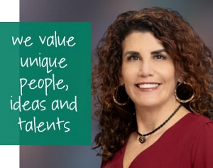 Portrait of Jill Adler, Kao's V P R E O with the words we value unique people ideas and talents.