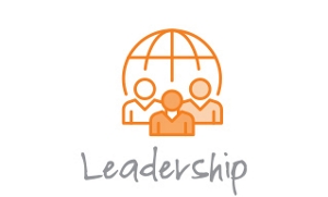 Linear icon of people in front of a globe with the word leadership.