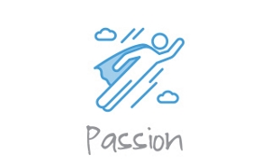 Linear icon of a super hero flying with the word passion.