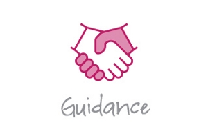 Linear icon of hands shaking with the word guidance