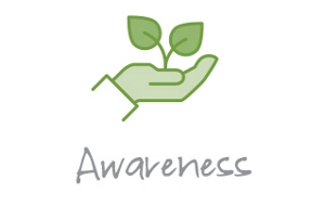 Linear icon of a hand holding a seedling with the words raising awareness.