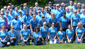 Large group of KAO employees at a volunteer event wearing bright blue shirts.