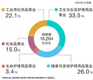 销售额构成比图表。2024年12月的销售额为16,284亿日元。其中，卫生和生活护理事业占比33.5%，健康和美容护理事业占比26.0%，生活护理事业占比3.4%，化妆品事业占比15.0%，化学品事业占比22.1%。