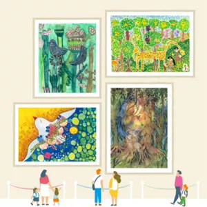 An illustration of a museum setting containing illustrations of people looking at real paintings displayed on the wall. 