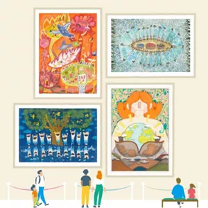 An illustration of a museum setting containing illustrations of people looking at real paintings displayed on the wall. 