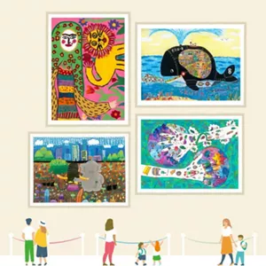 An illustration of a museum setting containing illustrations of people looking at real paintings displayed on the wall. 