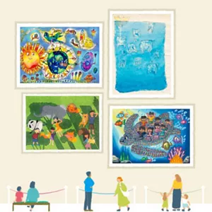 An illustration of a museum setting containing illustrations of people looking at real paintings displayed on the wall. 