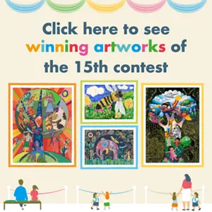 Illustration of a museum where people are viewing artworks from the 15th contest displayed on the walls.