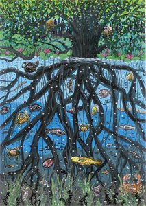 Painting of forests and wetlands featuring a large tree with nesting birds in its branches and brightly colored fish thriving among its roots underwater.