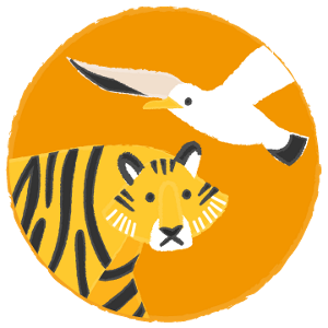 Illustration of a tiger and a seagull with an orange background. 
