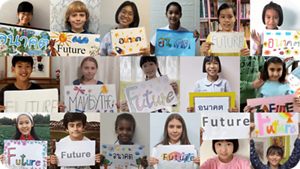 Separate photographs of eighteen children holding colorful illustrations containing the word, “future,” written in various languages. 