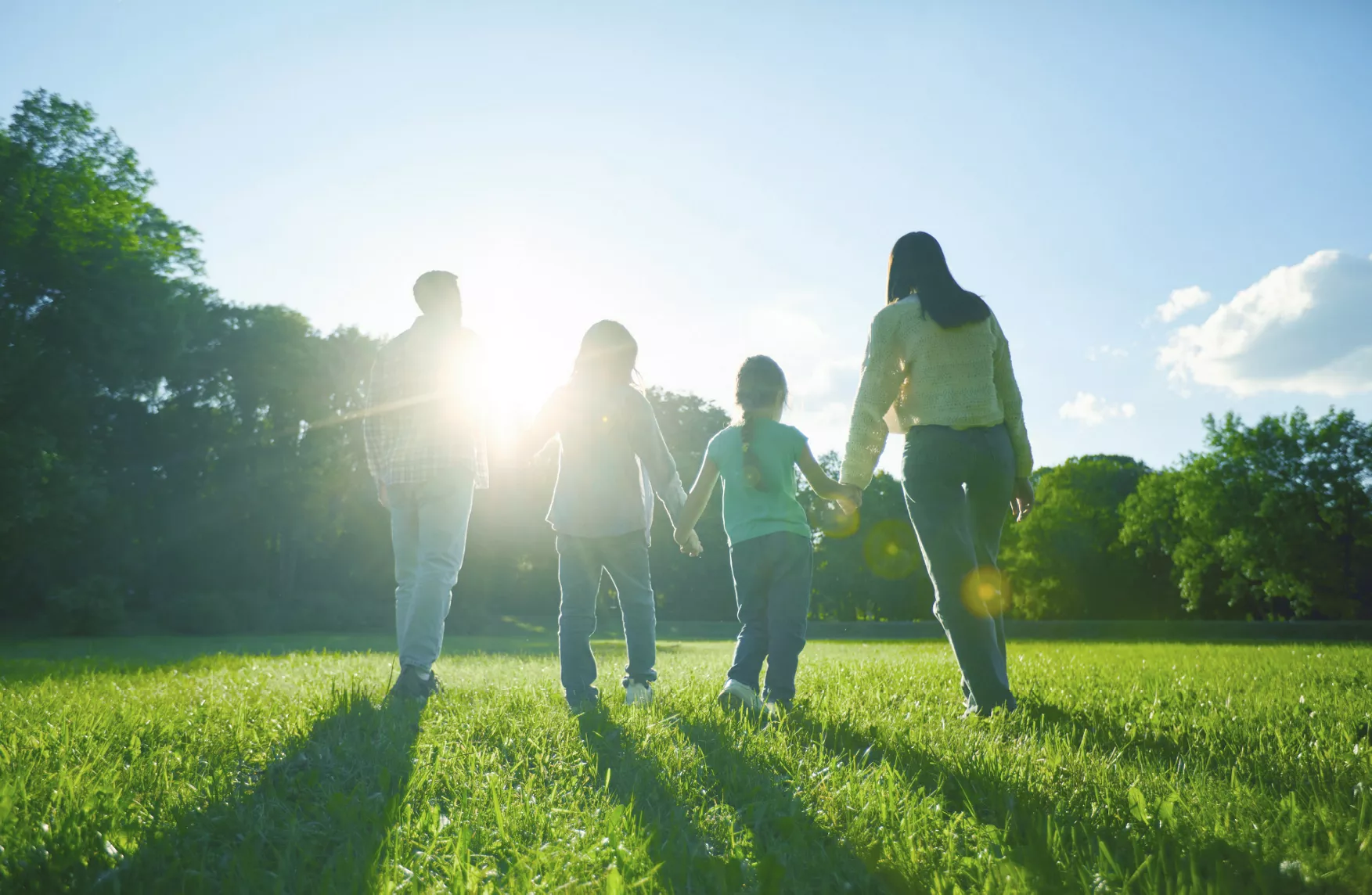 Four people, seen from behind, walk hand in hand across a green field toward the sunlight, symbolizing a bright future for people and the planet